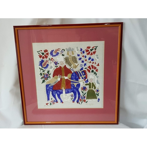 259 - Greek Folk Art Paint on Fabric / Frames Hanging Wall Art (43.5 x 30.5cm and 41 x 42cm)