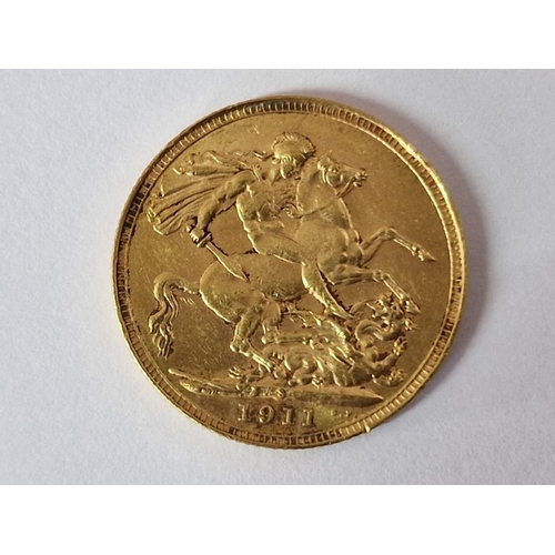 101 - British 1911 S King George V One Sovereign (Full) Gold Coin, (Approx. 8g, Ø:22mm, 22ct Gold).