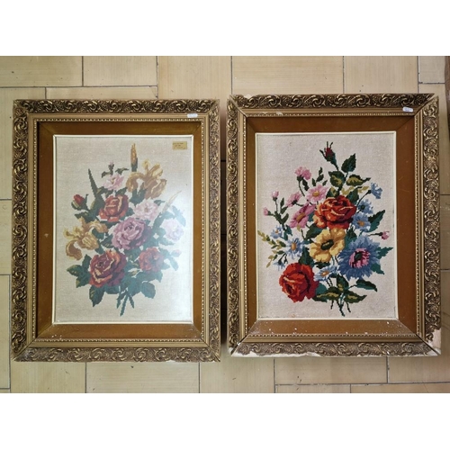 201 - 2 x Tapestries of Flowers in Gilt Frames (Approx. 52 x 65cm), (a/f)