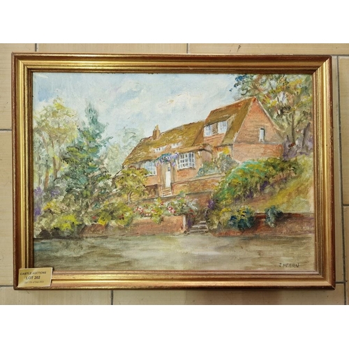 202 - Framed Oil on Board of House in Trees, Signed 'J Hearn', (Approx. 40 x 30cm)