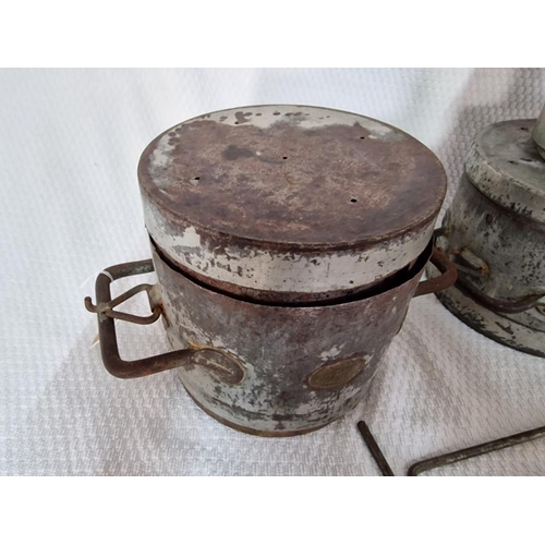 30 - Antique Metal Containers with Twin Handle and Covers, Together with a Round Wooden Block and 2 x Fun... 