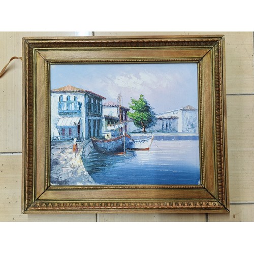 203 - Framed Oil on Canvas of Mediterranean Harbour Scene, Signed 'Basilroy'(?), (Approx. 36 x 32cm)