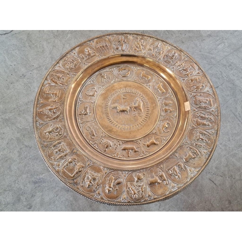 39 - Large Decorative Round Copper Tray (Ø: 78cm), Together with Folding 6-Leg Base / Stand with Turned U... 