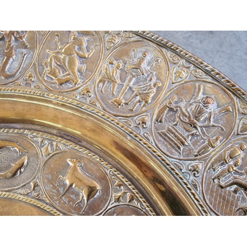 39 - Large Decorative Round Copper Tray (Ø: 78cm), Together with Folding 6-Leg Base / Stand with Turned U... 