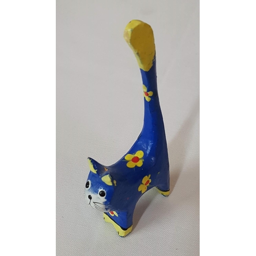 126 - 3 x Mini Coloured Wooden Figurines of Cats (H:12cm each)