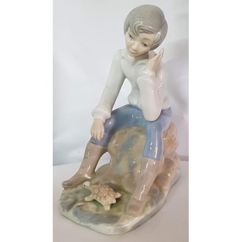 187 - Lladro Style Porcelain Figurines Children with Their Pets (Boy with Turtle H:19cm and Girl with Cat ... 