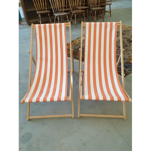 221 - Pair of Retro Style Ikea Beach Sling Chairs in Wood, White, Orange Strip Fabric)