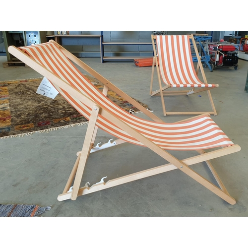 221 - Pair of Retro Style Ikea Beach Sling Chairs in Wood, White, Orange Strip Fabric)