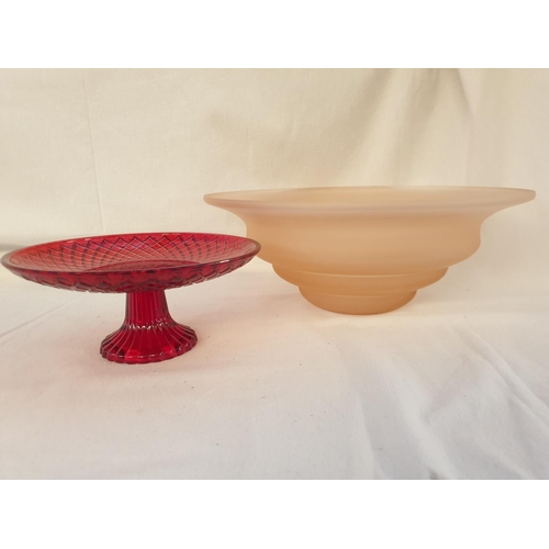 286 - Large Modern Shape Bowl (Ø32.5cm x H:12.5cm) and Red Glass Modern Shape Small Cake Plate (Ø20cm x H:... 