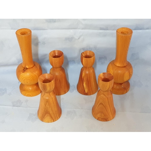 119 - Collection of 6 x (2 + 4) Hand Made Woodman Pera Pedi, Candle Sticks (2 x H:22cm each & 4 x H:14cm e... 