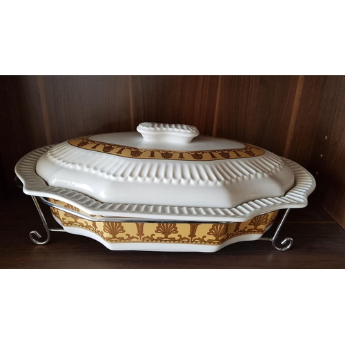 142 - Large Ceramic Dish with Lid White with Gold Pattern with Metal Holder