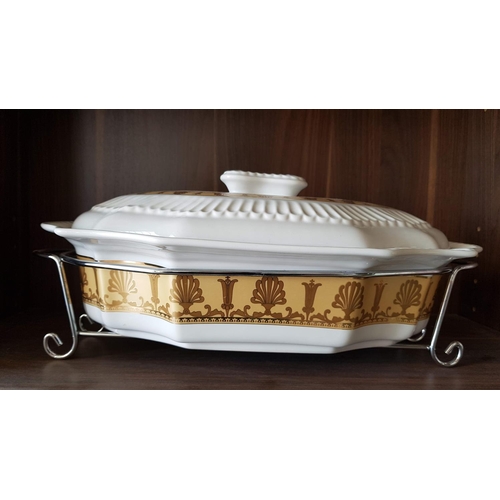 142 - Large Ceramic Dish with Lid White with Gold Pattern with Metal Holder