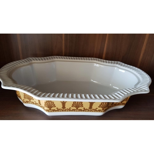 142 - Large Ceramic Dish with Lid White with Gold Pattern with Metal Holder