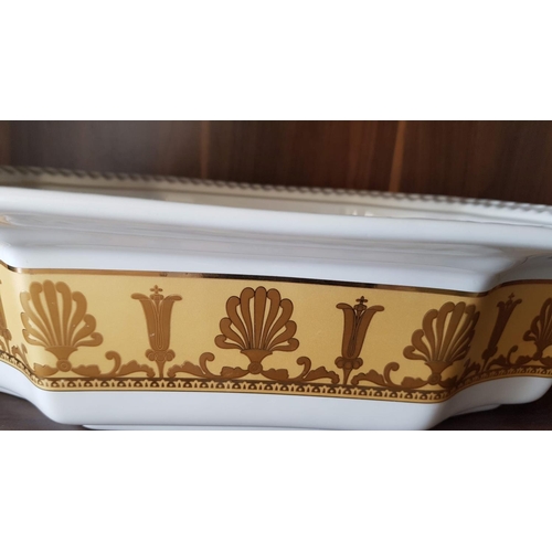 142 - Large Ceramic Dish with Lid White with Gold Pattern with Metal Holder