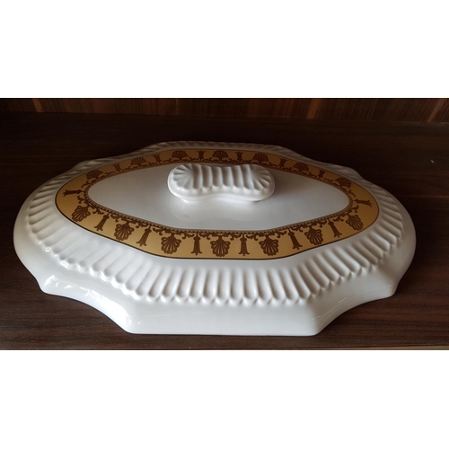 142 - Large Ceramic Dish with Lid White with Gold Pattern with Metal Holder