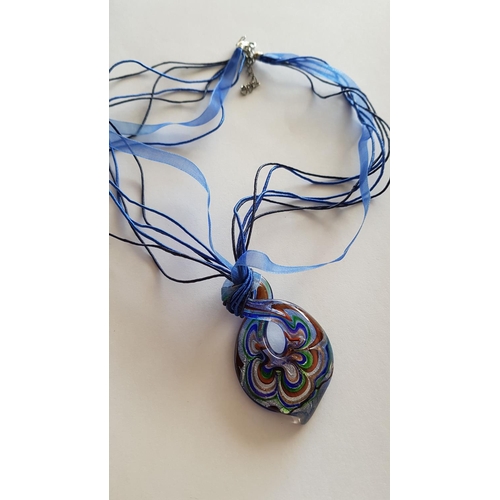 146 - Murano Glass Style Blue Pendant (H:9cm) with Silk and Ribbon Chain