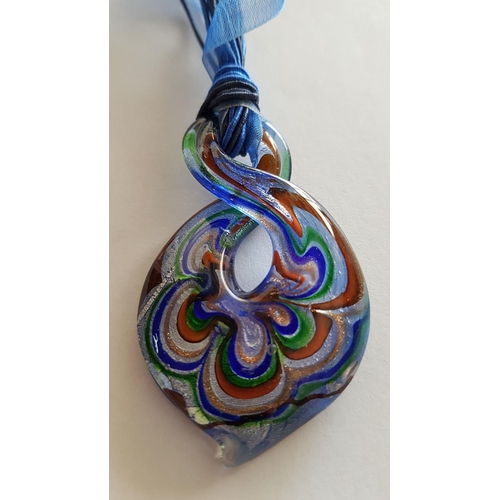 146 - Murano Glass Style Blue Pendant (H:9cm) with Silk and Ribbon Chain