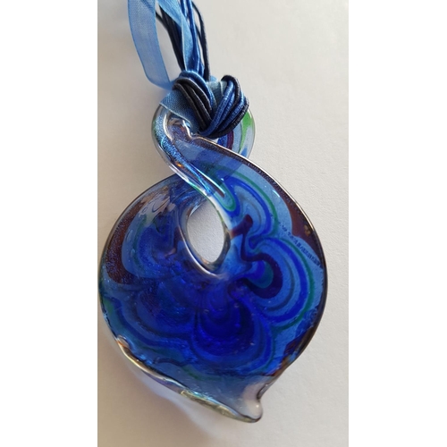 146 - Murano Glass Style Blue Pendant (H:9cm) with Silk and Ribbon Chain