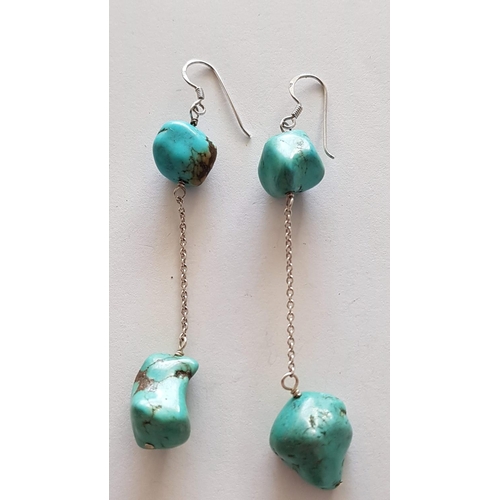 97 - Hallmarked Silver and Turquoise Dangling Earrings (7cm Drop)