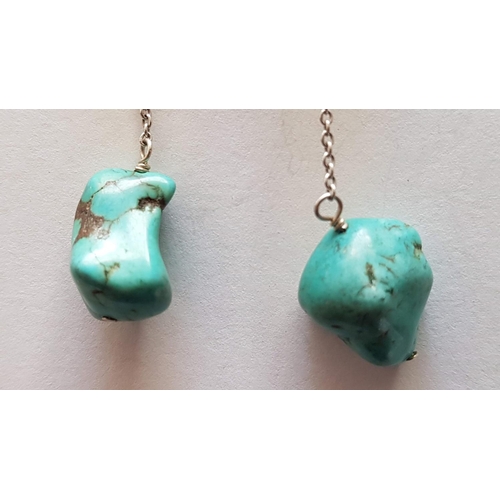 97 - Hallmarked Silver and Turquoise Dangling Earrings (7cm Drop)