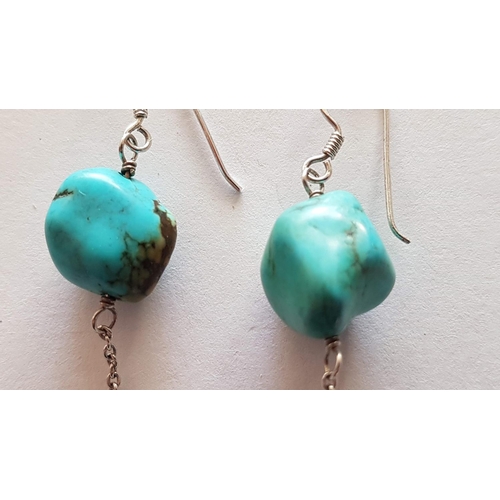 97 - Hallmarked Silver and Turquoise Dangling Earrings (7cm Drop)