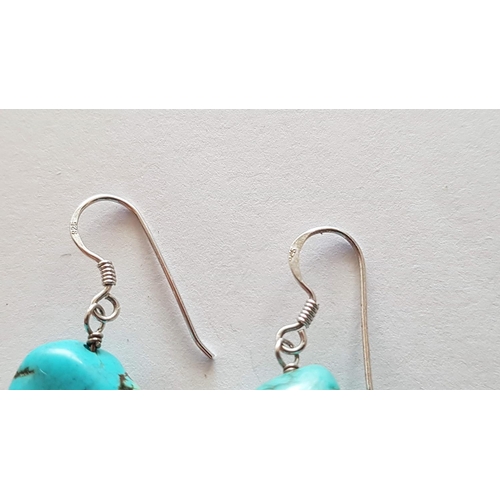 97 - Hallmarked Silver and Turquoise Dangling Earrings (7cm Drop)