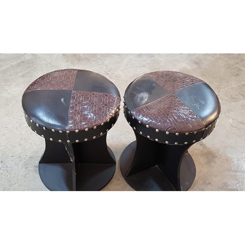 134 - Pair of Modern Small Stools Black / Brown Leather Effect / Wood (Ø36cm x H:41cm each)