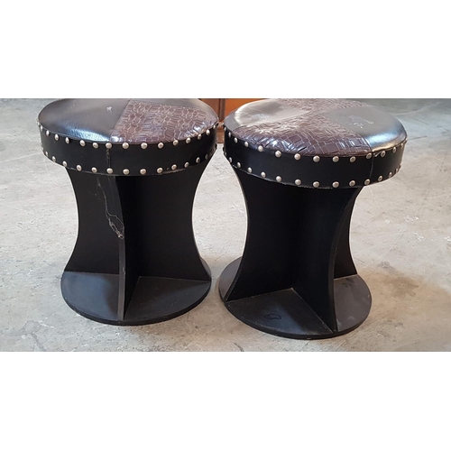 134 - Pair of Modern Small Stools Black / Brown Leather Effect / Wood (Ø36cm x H:41cm each)