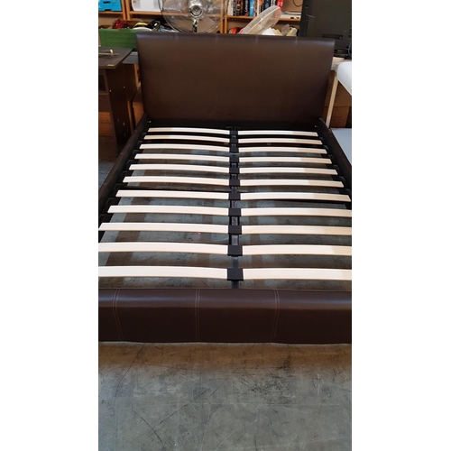 66 - Dark Brown Leather Effect Headboard Double Bed, NO Mattress (216cm x 147cm, Fits 188cm x 140cm Mattr... 