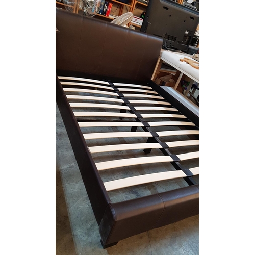 66 - Dark Brown Leather Effect Headboard Double Bed, NO Mattress (216cm x 147cm, Fits 188cm x 140cm Mattr... 