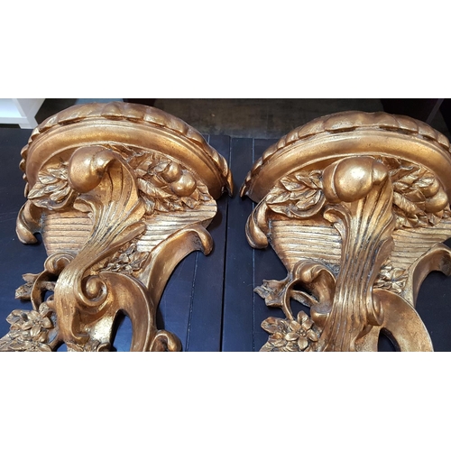 71 - Pair of Baroque Style Gold Finished Wall Shelves Carved in Floral Carved in Floral /  Leaf Pattern (... 