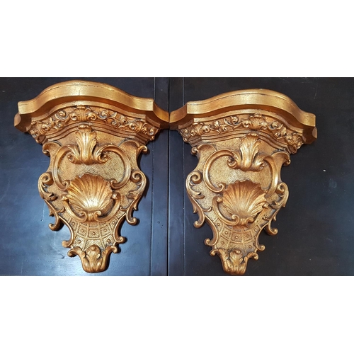 72 - Pair of Baroque Style Gold Finished Wall Shelves Decorated with Carved Shelf (H:36cm, Shelf 35.5cm x... 