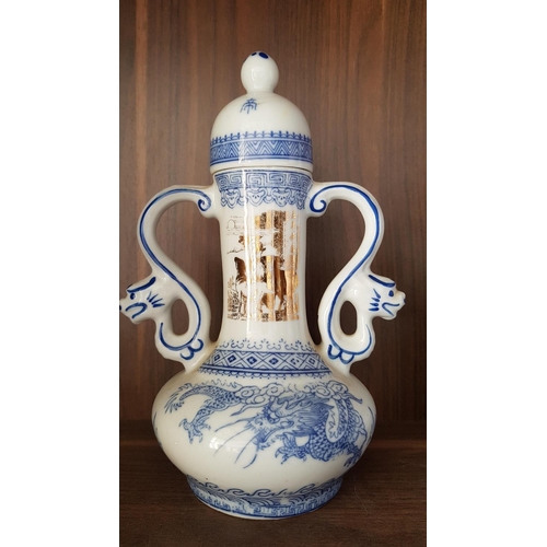 75 - Pair of White / Blue Porcelain Sake Decanter in Dragon Shape and Twin Handle with Lid (H:23.5cm each... 