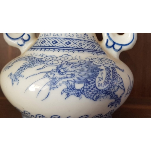 75 - Pair of White / Blue Porcelain Sake Decanter in Dragon Shape and Twin Handle with Lid (H:23.5cm each... 