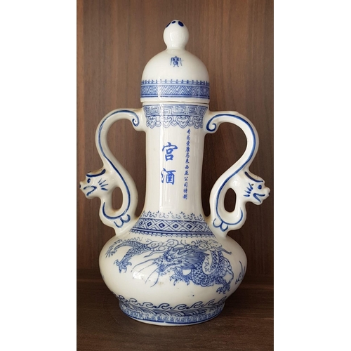 75 - Pair of White / Blue Porcelain Sake Decanter in Dragon Shape and Twin Handle with Lid (H:23.5cm each... 