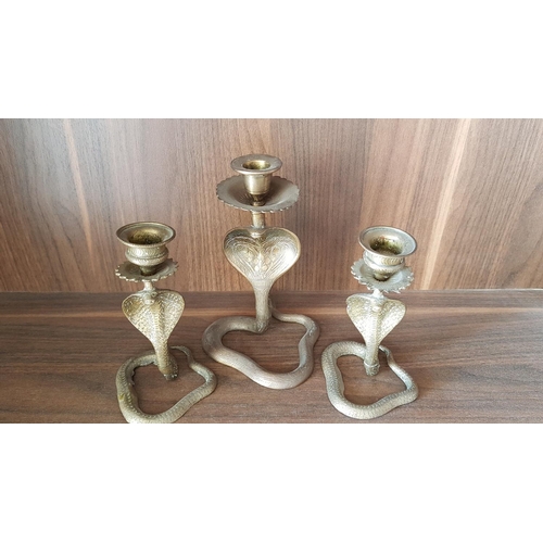 76 - Collection of Brass Candle Holders in Shape of Cobra (H:17cm, H:13cm, H:13cm), (A/F)