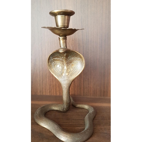 76 - Collection of Brass Candle Holders in Shape of Cobra (H:17cm, H:13cm, H:13cm), (A/F)