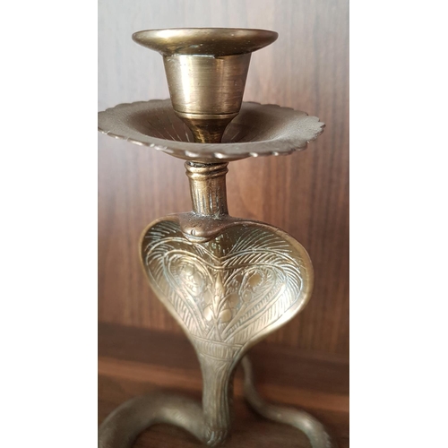 76 - Collection of Brass Candle Holders in Shape of Cobra (H:17cm, H:13cm, H:13cm), (A/F)