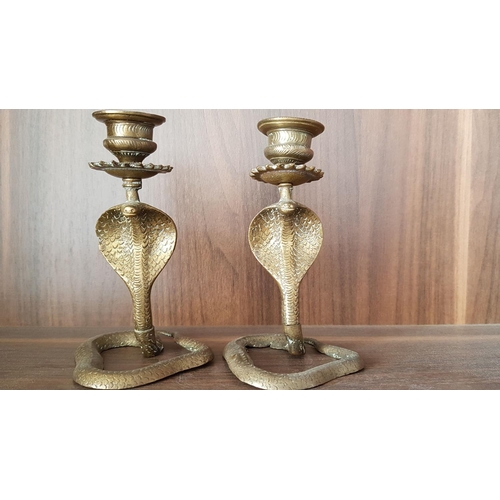 76 - Collection of Brass Candle Holders in Shape of Cobra (H:17cm, H:13cm, H:13cm), (A/F)