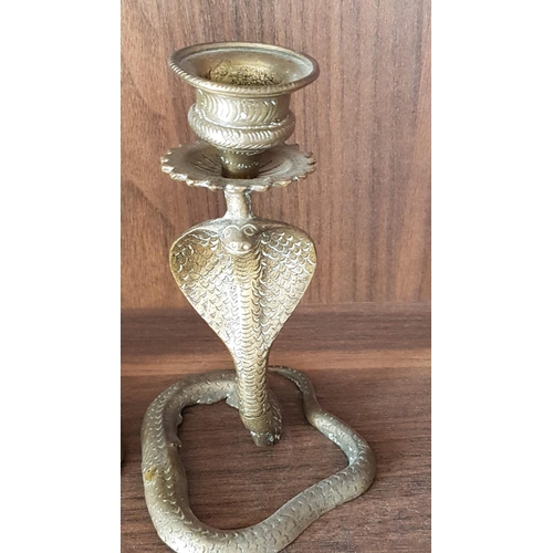 76 - Collection of Brass Candle Holders in Shape of Cobra (H:17cm, H:13cm, H:13cm), (A/F)