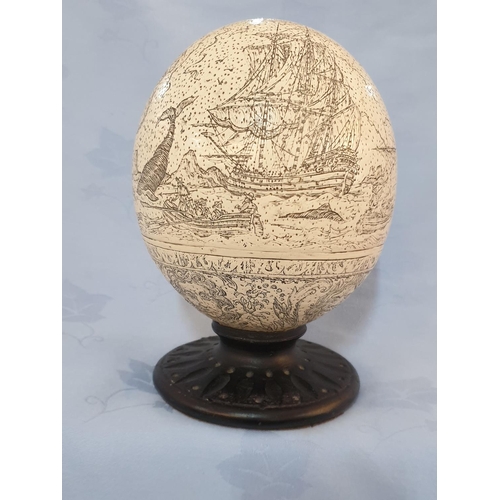 81 - Hand Craft Ostrich Egg with Warship Pattern on Wooden Base (H:18cm)