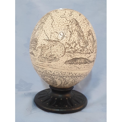 81 - Hand Craft Ostrich Egg with Warship Pattern on Wooden Base (H:18cm)