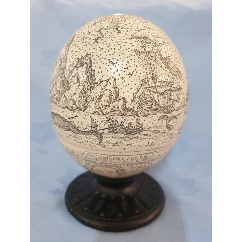 81 - Hand Craft Ostrich Egg with Warship Pattern on Wooden Base (H:18cm)