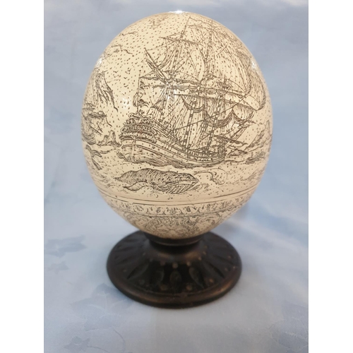 81 - Hand Craft Ostrich Egg with Warship Pattern on Wooden Base (H:18cm)