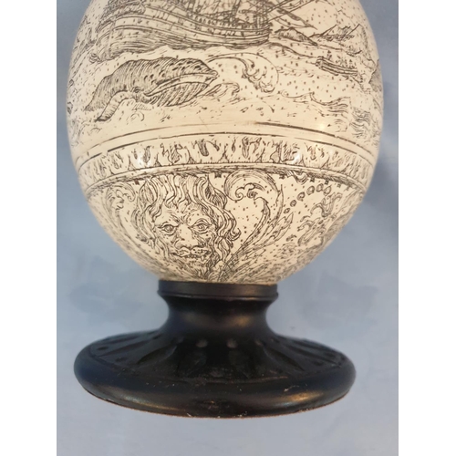 81 - Hand Craft Ostrich Egg with Warship Pattern on Wooden Base (H:18cm)