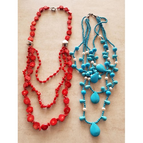 730 - 2 x Stone Necklaces (Blue L:43cm, Approx Drop:29cm and Red L:61.5cm, Approx Drop: 40cm)