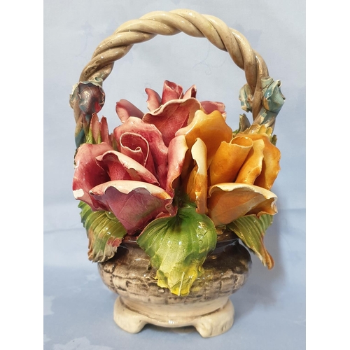 113 - Vintage Capodimonte Style Roses Flower Composition In Basket H;21cm A/F