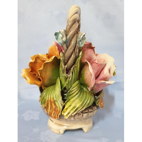 113 - Vintage Capodimonte Style Roses Flower Composition In Basket H;21cm A/F