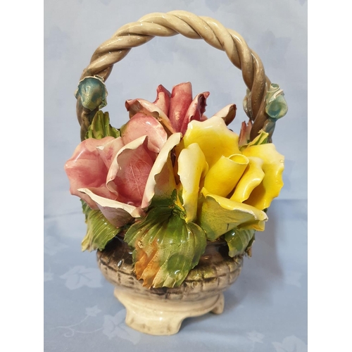 113 - Vintage Capodimonte Style Roses Flower Composition In Basket H;21cm A/F