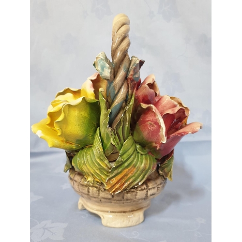 113 - Vintage Capodimonte Style Roses Flower Composition In Basket H;21cm A/F